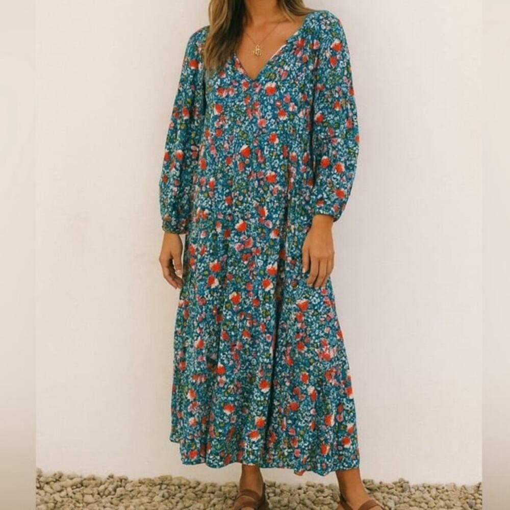 Natural Life Floral Maxi Boho Dress S/M Teal Cottagecore Festival RomanticStyle